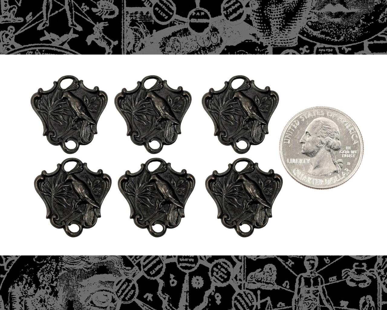 Black Plated Brass Embossed Bird Shield Connectors - Set of Six - BB-2C33